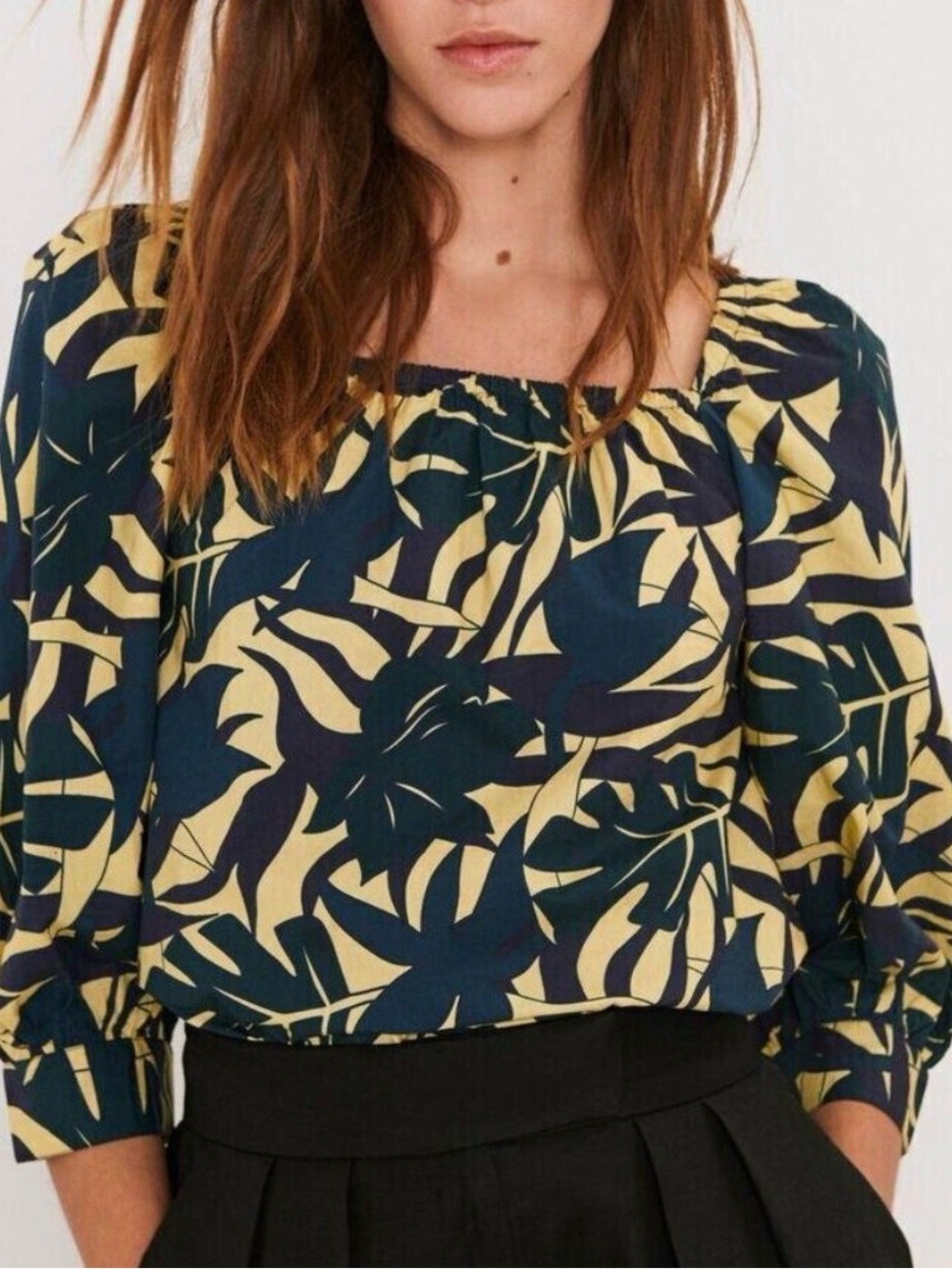 ba&sh Navy and Yellow Leaf-Print Square-Neck Blouse